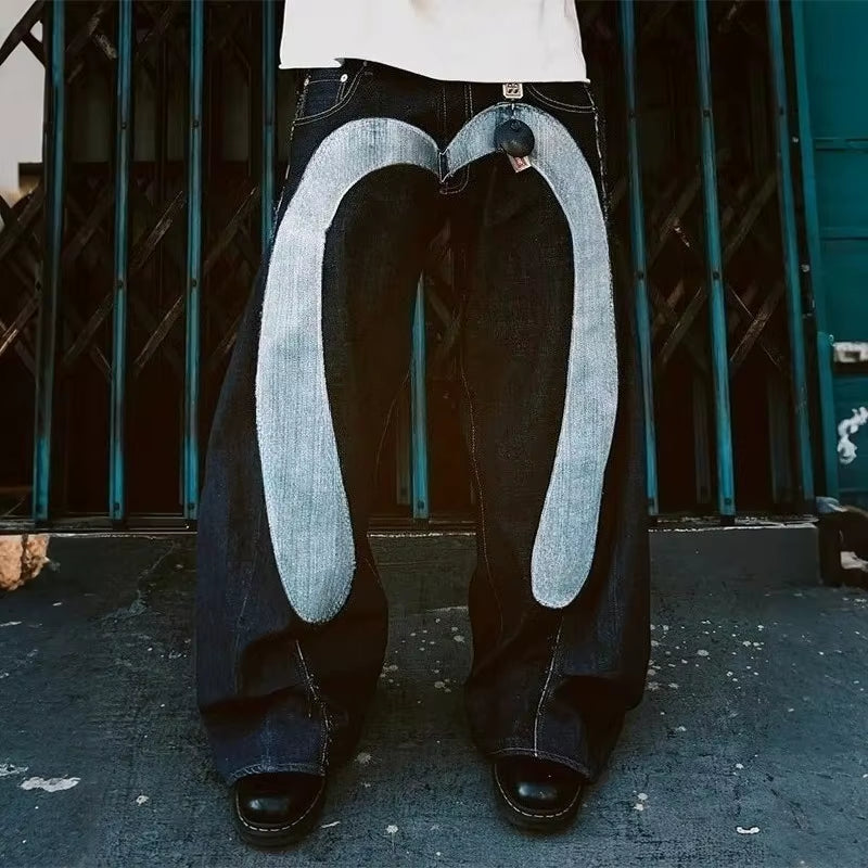 Y2K Retro Distressed Jeans Colorful Fish Shaped Patch Embroidery Pocket Loose Wide Leg Jeans Men Women Casual Fashion Streetwear