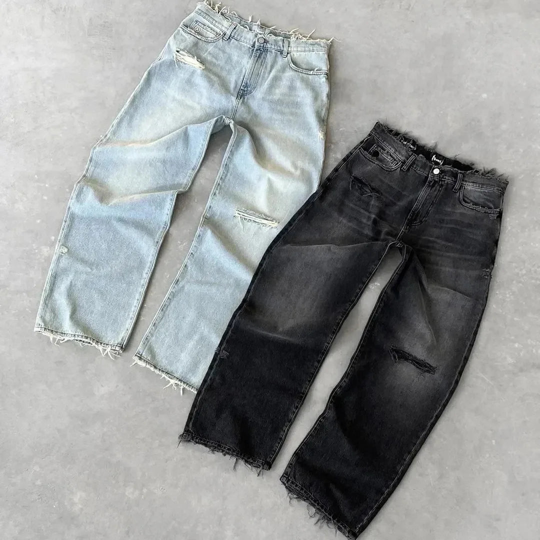 Straight Jeans Distressed Men Jean Ripped Holes Washed Denim Pants Ankle Length Loose Solid Zipper Fly Pockets Casual 2025