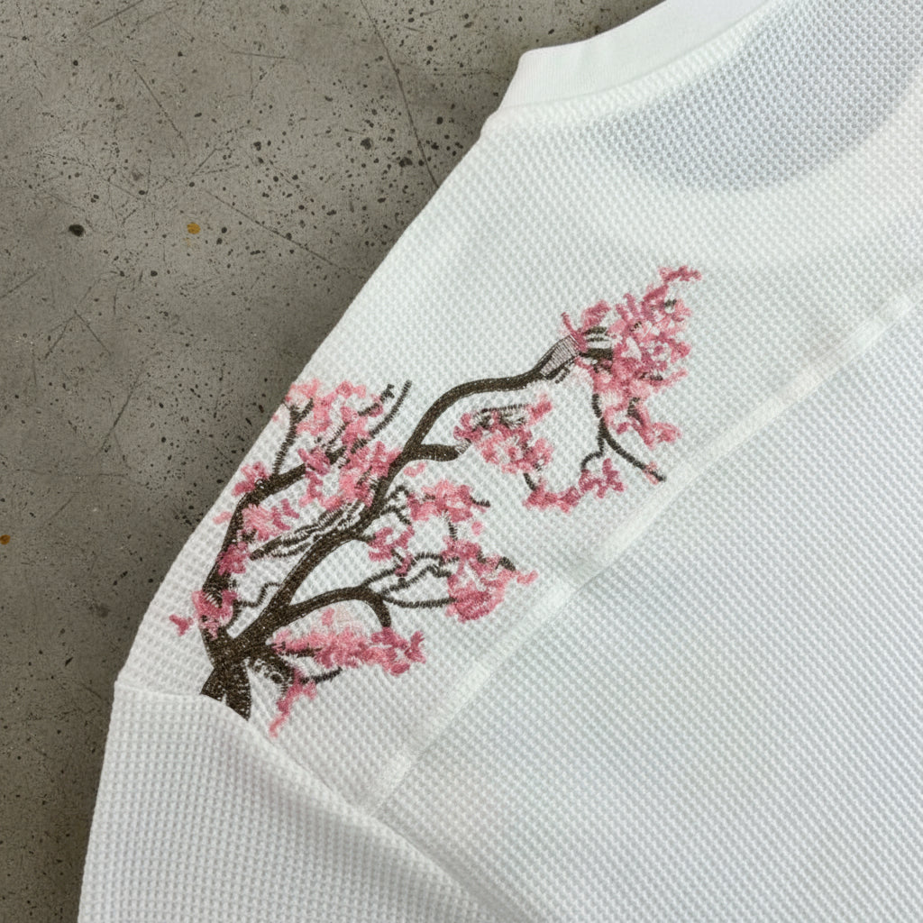 Waffle Long Sleeve Embroidery Sakura Derschutze Blossom T Shirt Men Women Casual Loose High Quality Breathe T-Shirt Clothes