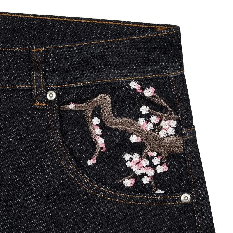 Y2K Baggy Jeans Cherry Blossom Selvedge Embroidery Denim Pants Men Women Denim Fabric American Hiphop Streetwear Wide Leg Jeans
