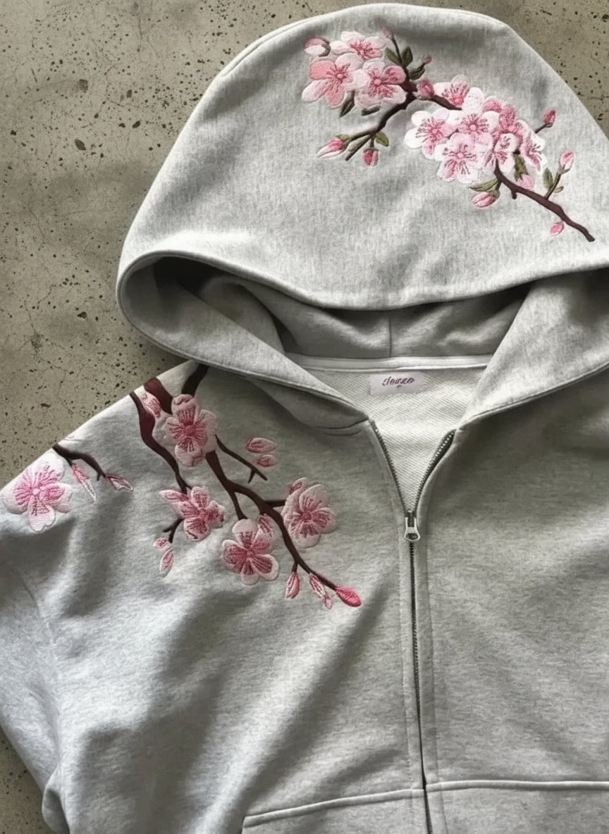 Y2K Vintage Oversized Cherry Blossom Embroidered Hooded Jacket Mens Womens Pink Zipper Coat Harajuku Hip Hop Graphic Streetwear