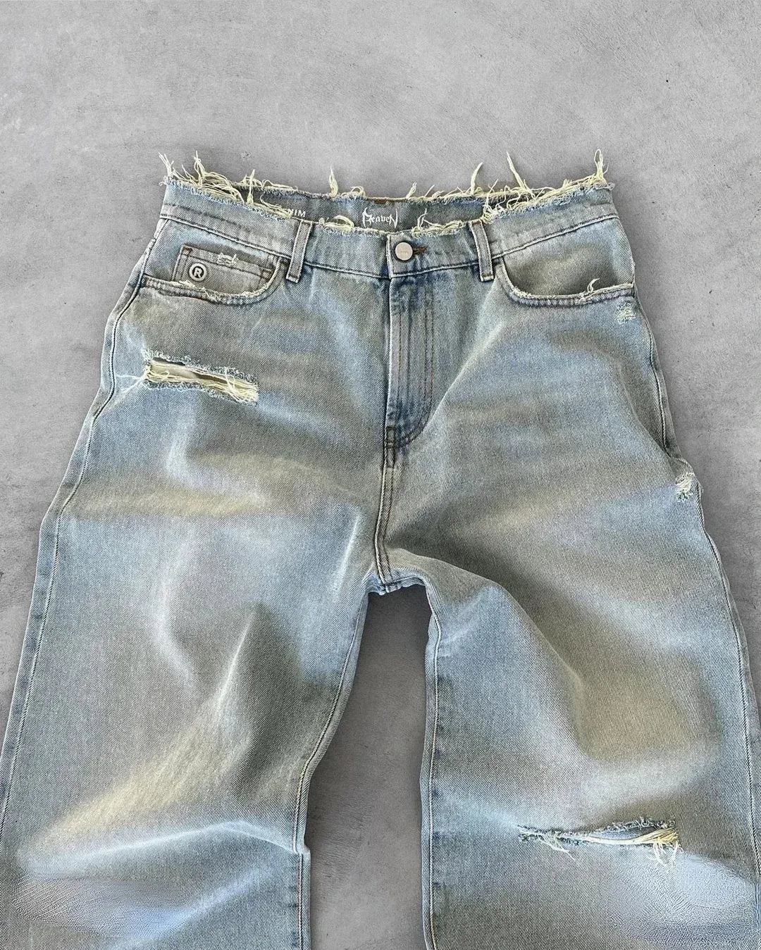 Straight Jeans Distressed Men Jean Ripped Holes Washed Denim Pants Ankle Length Loose Solid Zipper Fly Pockets Casual 2025