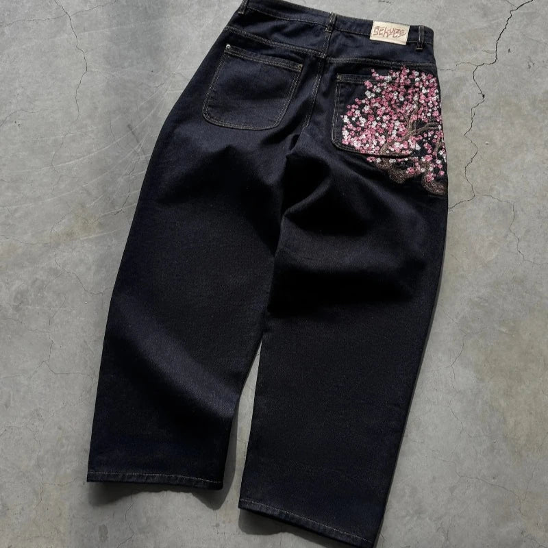 Y2K Baggy Jeans Cherry Blossom Selvedge Embroidery Denim Pants Men Women Denim Fabric American Hiphop Streetwear Wide Leg Jeans