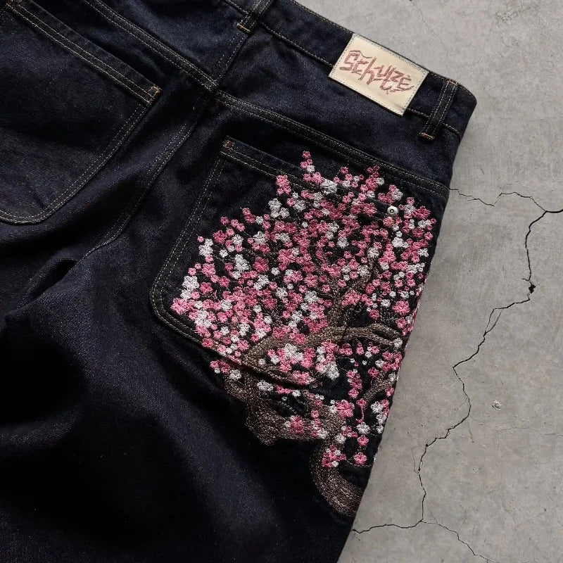 Y2K Baggy Jeans Cherry Blossom Selvedge Embroidery Denim Pants Men Women Denim Fabric American Hiphop Streetwear Wide Leg Jeans