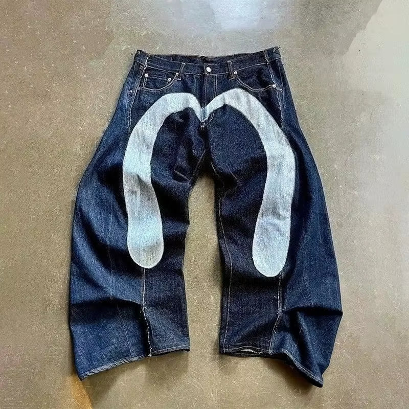 Y2K Retro Distressed Jeans Colorful Fish Shaped Patch Embroidery Pocket Loose Wide Leg Jeans Men Women Casual Fashion Streetwear