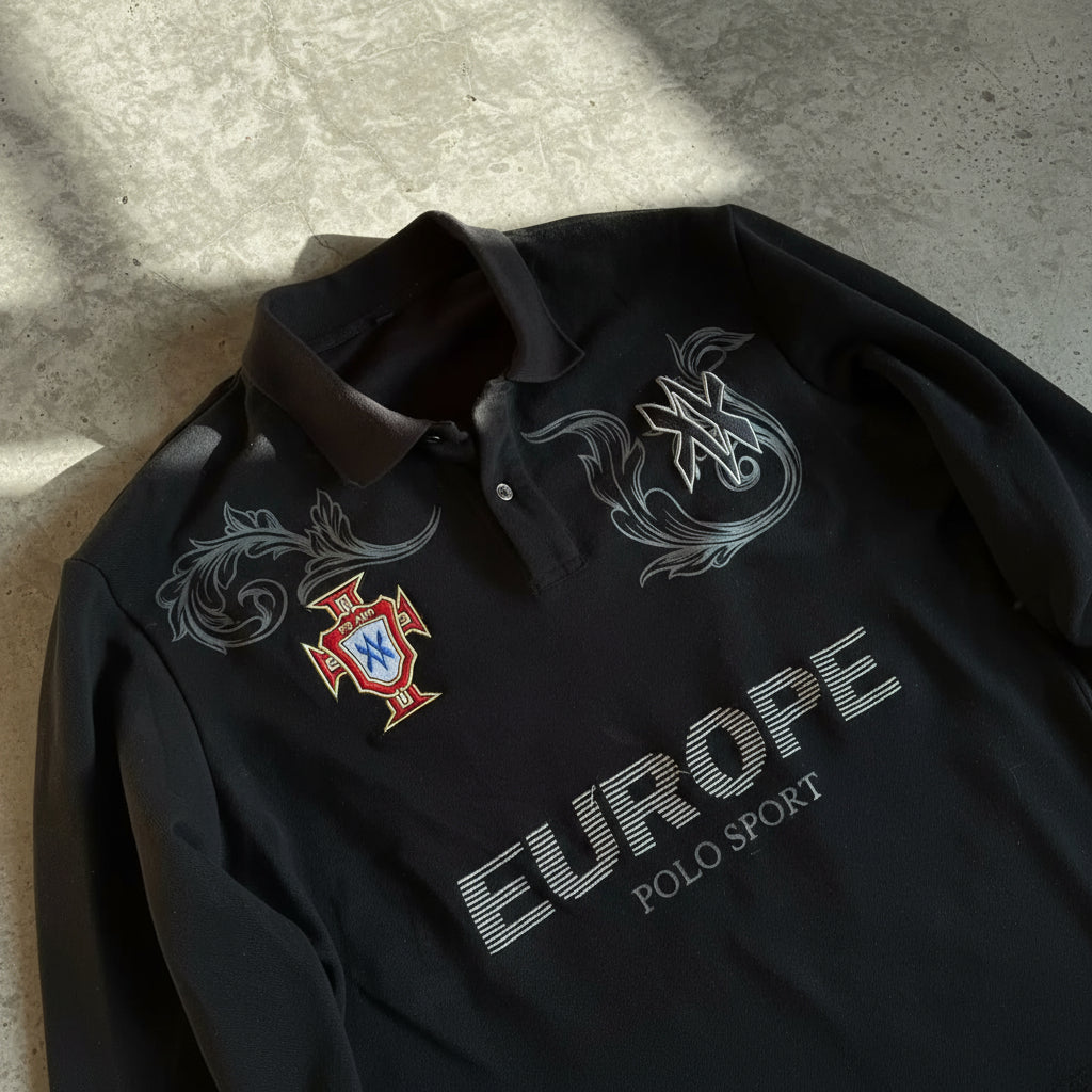 Retro Long Sleeve Polo Shirt Y2K Casual Loose Letter Pattern Embroidery T Shirts Street Sweatshirt Men Cotton Jersey Lapel Golf