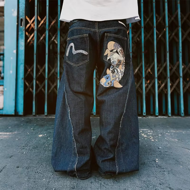 Y2K Retro Distressed Jeans Colorful Fish Shaped Patch Embroidery Pocket Loose Wide Leg Jeans Men Women Casual Fashion Streetwear