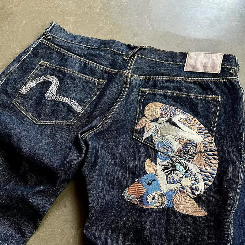 Y2K Retro Distressed Jeans Colorful Fish Shaped Patch Embroidery Pocket Loose Wide Leg Jeans Men Women Casual Fashion Streetwear