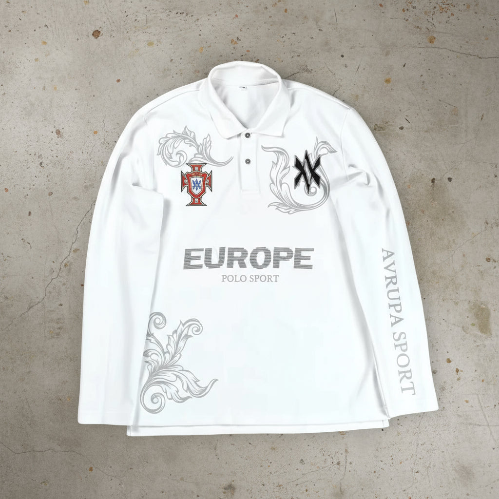 Retro Long Sleeve Polo Shirt Y2K Casual Loose Letter Pattern Embroidery T Shirts Street Sweatshirt Men Cotton Jersey Lapel Golf